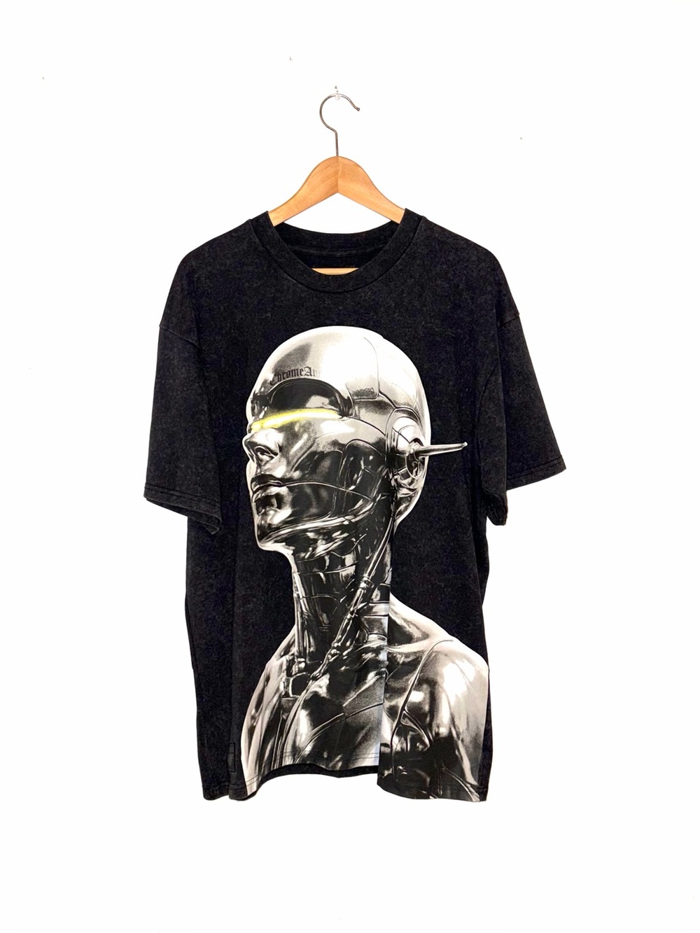 Black Chrome Angels Graphic Tee with Metallic Robot Face